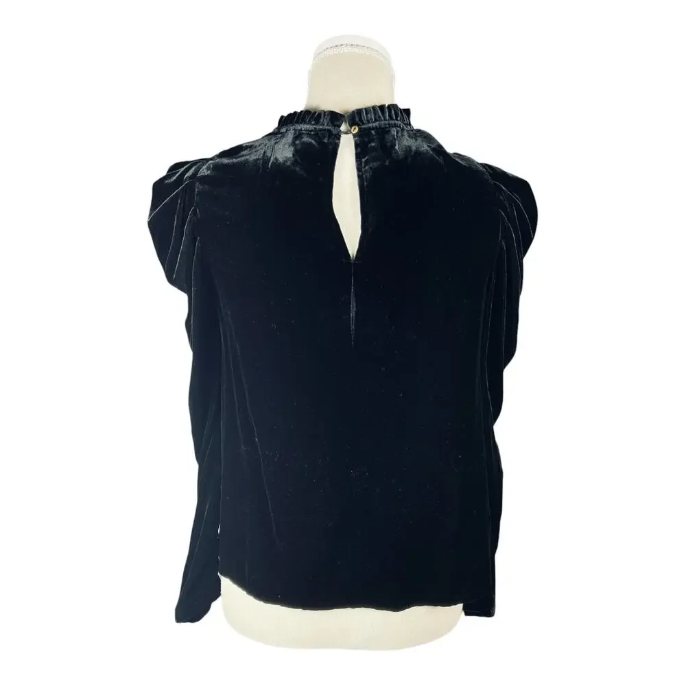 Ulla Johnson Gilles Noir Black Silk Blend Velvet Ruffle Puff Sleeve Blouse Sz 2
